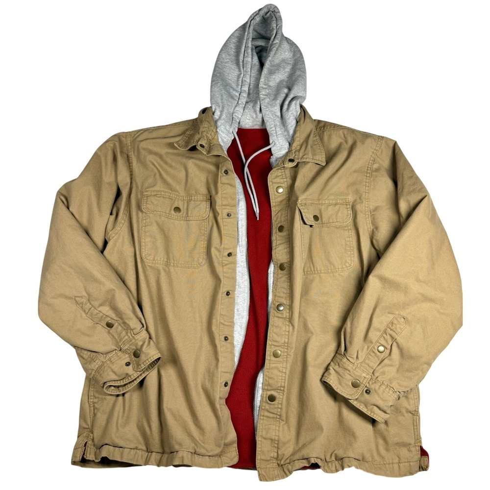 VTG Barn Chore Coat Sz XL* Khaki Red Fleece Lined Hood Work Jacket Grunge Y2k 90